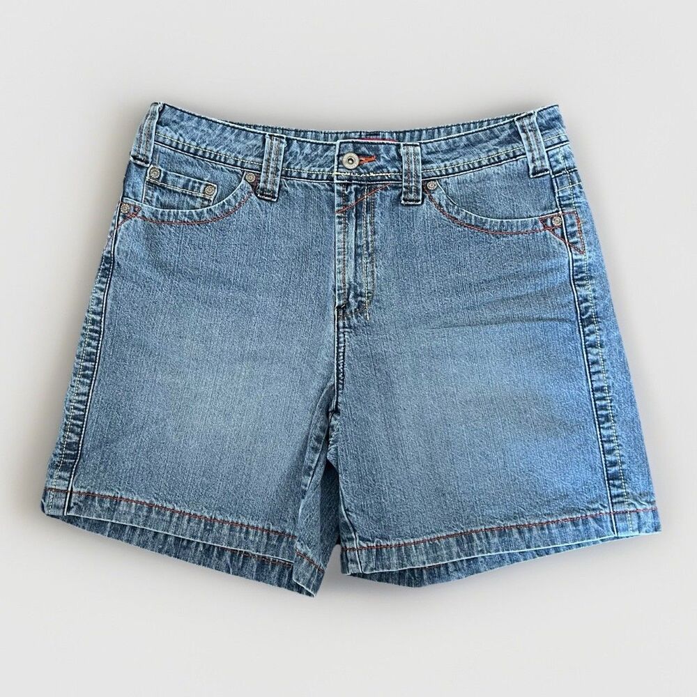 Faded Glory Denim Shorts Ladies’ Size 10 Red Yellow Contrast Stitching Y2K